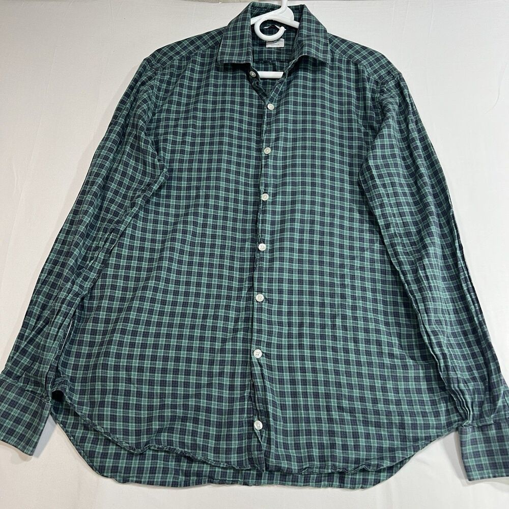 Culturata Roma Tailored Fit Shirt Mens 16.5 42 L Green Blue Plaid Italian Cotton